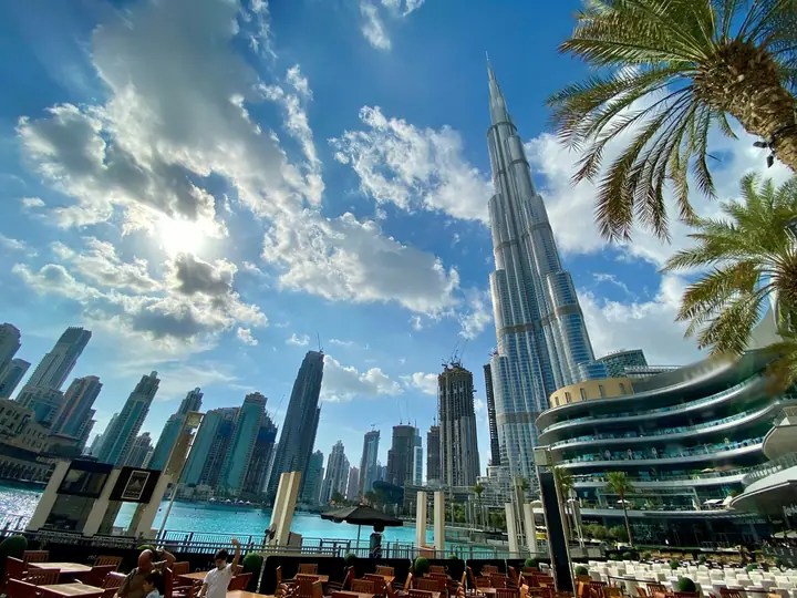 Downtown Dubai towers rising beside Burj Khalifa