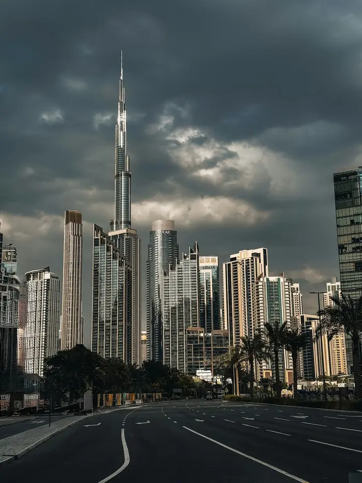 Burj Khalifa beneath dramatic clouds