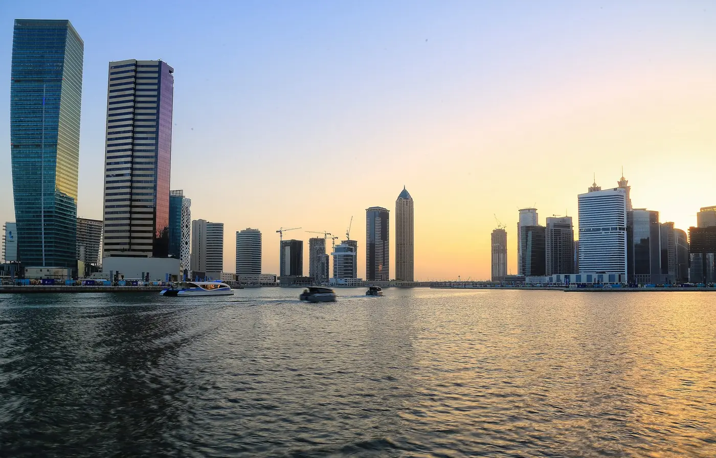 Business Bay towers at sunset