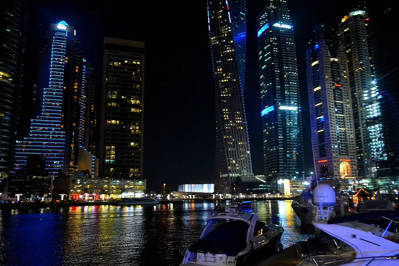 Dubai Marina towers lit at night
