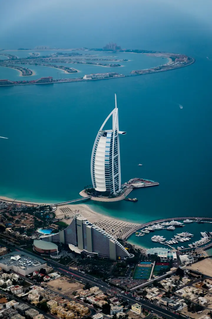Aerial view of Burj Al Arab and Palm Jumeirah